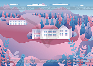 Hills and mountains landscape, house farm in flat - vector clip art