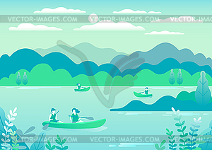 Rowing, sailing in boats as sport or form of - vector clipart