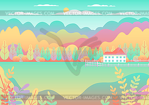 Hills and mountains landscape. House farm in flat - vector clipart
