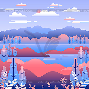 Hills landscape in flat style design. Valley with - vector image