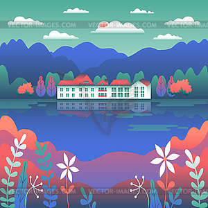 City or village landscape on river in flat style - vector clip art