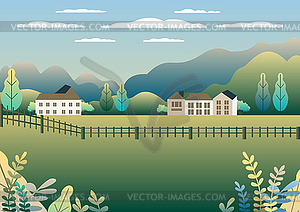 Rural valley Farm countryside. Village landscape - vector clipart