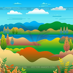 Hills landscape in flat style design. Valley with - vector clip art