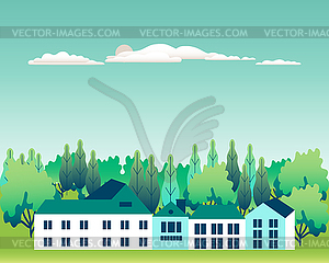 Hills and mountains landscape, house farm in flat - vector clip art