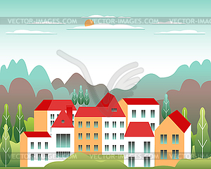 Hills and mountains landscape, house farm in flat - vector image