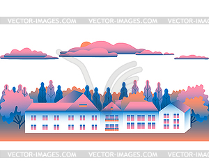 Landscape with residential buildings in flat style - color vector clipart