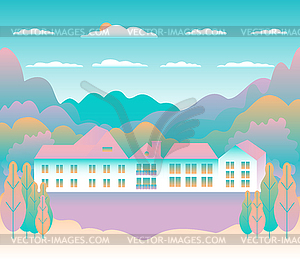 Minimal landscape village, mountains, hills, - vector clipart / vector image
