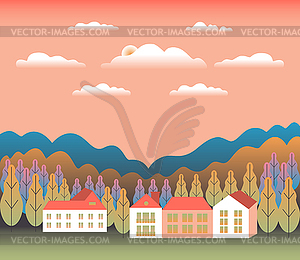 Minimal landscape village, mountains, hills, - vector image