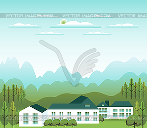 Minimal landscape village, mountains, hills, - vector clipart