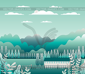 Минималистичный пейзаж деревня, горы, холмы, - иллюстрация в векторном формате