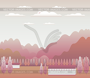 Minimal landscape village, mountains, hills, - vector clipart