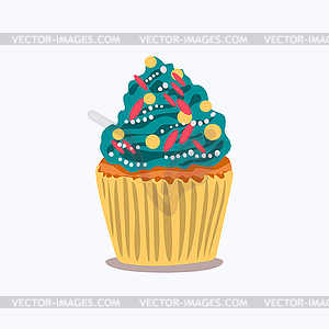 Cartoon cupcake with colorful shavings and blue - vector image
