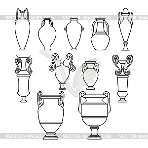 Outline set sketch of ceramic vases. Tall ancient - vector image