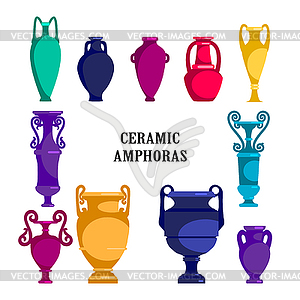 Set of colored ceramic vases. Tall ancient Greek, - vector clipart