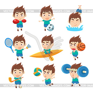 Kid Sportsman Doing Different Sport Types Vector Clipart