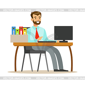 Man Working At His Desk With Computer And Folders Vector Clipart