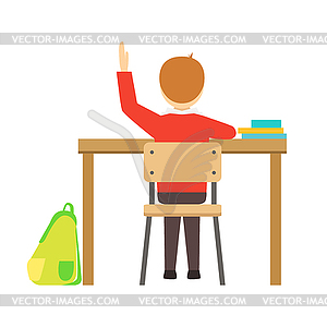 Boy Raising Hand Sitting At His Desk In Classroom Vector Clip Art