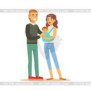 Junge Familie Mit Ihrem Baby In Turkisfarbenem Schlinge Vektor Clipart