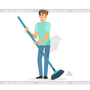 Young Smiling Man Sweeping Floor House Husband Vector Clipart