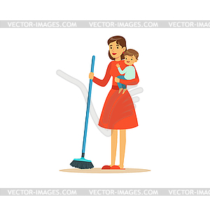 Super Mom Sweep Floor Character With Child Vector Clipart