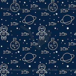 Seamless pattern with cat in space, Moon and Saturn - vector clipart