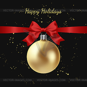 Greeting card with golden Christmas ball and red bow - vector clipart