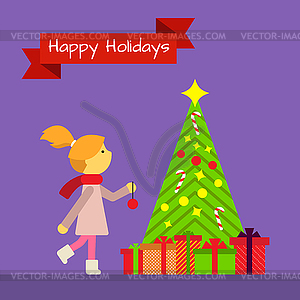 Greeting card with little girl and New Year tree - vector image