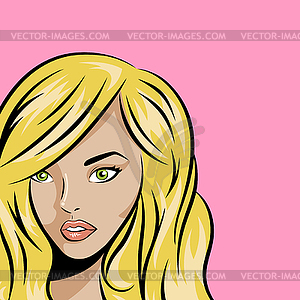Pop art young woman on pink background - vector clipart