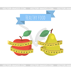 Свежий красное яблоко и груша с зеленым измерительная лента - стоковое векторное изображение
