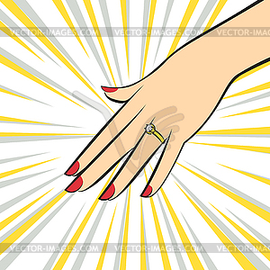 Wedding Ring on hand. Pop art style - vector clip art