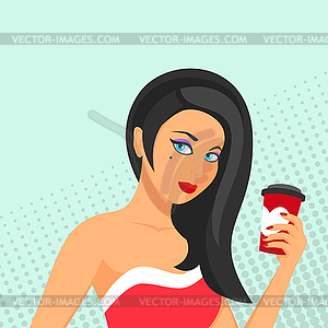 Pop art young woman with tea or coffe - vector clipart