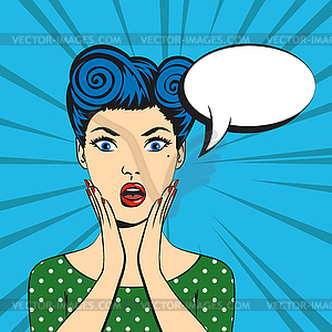 Pop art surprised woman face with open mouth and - royalty-free vector clipart