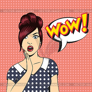 Pop art surprised woman face with open mouth and WO - vector image