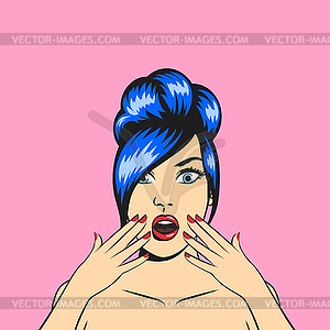 Pop art surprised woman face with open mouth - vector clip art