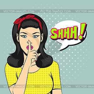 Pop art woman face with SHHH bubble - vector clipart / vector image