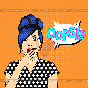 Pop art woman face with open mouth and OOPS bubble - vector image