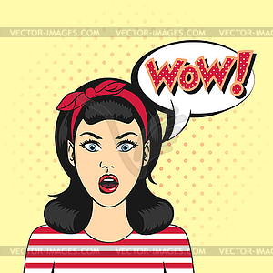 Pop art surprised woman face with open mouth and - vector clipart