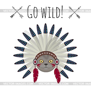 Cat in native american Indian war bonnet - vector clipart