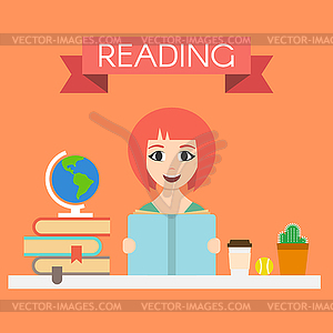 Young handsome woman reading book - vector clipart