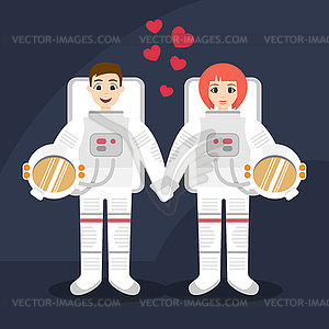 Астронавты влюбленная пара, держась за руки - стоковый векторный клипарт