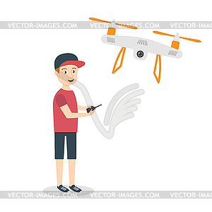 Young happy man with quadrocopter or dron - vector clip art