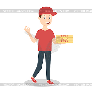 Pizza delivery boy handing three pizza bo - vector clipart