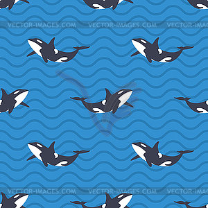 Seamless pattern with killer whales or orcas in sea - vector image