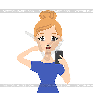 Girl making selfie and face pretending - royalty-free vector clipart