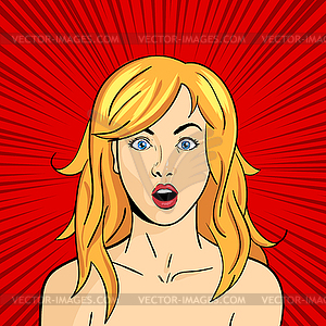 Pop art surprised woman face with open mouth - vector clipart