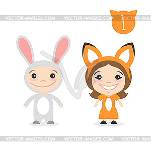 Two happy cute kids characters. Boy in ra - vector clipart