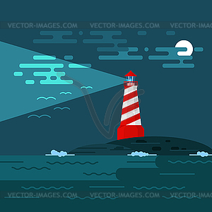 Background with lighthouse, sea, waves an night. - vector clip art