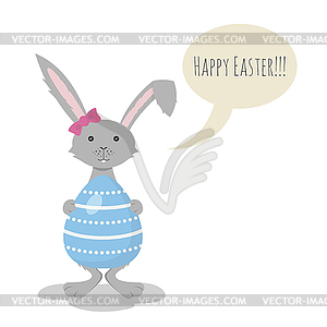 Cute Grey Easter Bunny holding Blue Easte - vector clipart