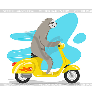 Happy cute sloth riding on scooter. Retro - royalty-free vector image