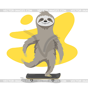 Happy cute sloth on skateboard. Sloth rid - vector clip art